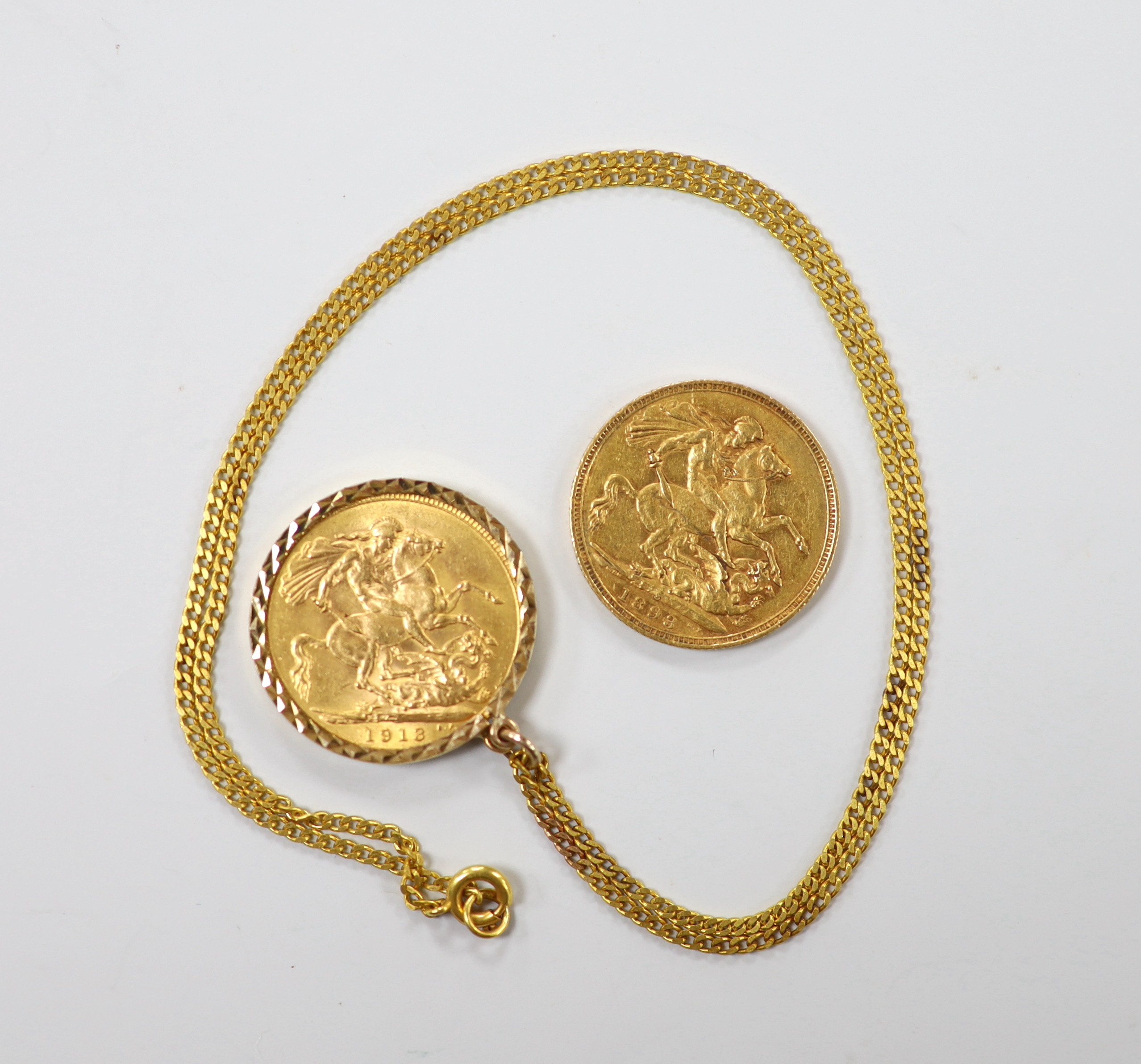 A Victorian 1893 gold sovereign and a 1913 god sovereign in a later 9ct gold pendant mount, on a 9ct chain, gross weight 11.3 grams.